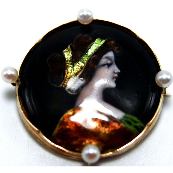 Antique FRENCH 14K Yellow GOLD Luminous Enameled LADY Portrait Brooch PIN Pearls